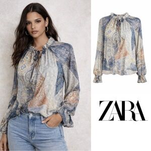 NEW Zara Blue and Gray Long Sleeve Tie Front Blouse